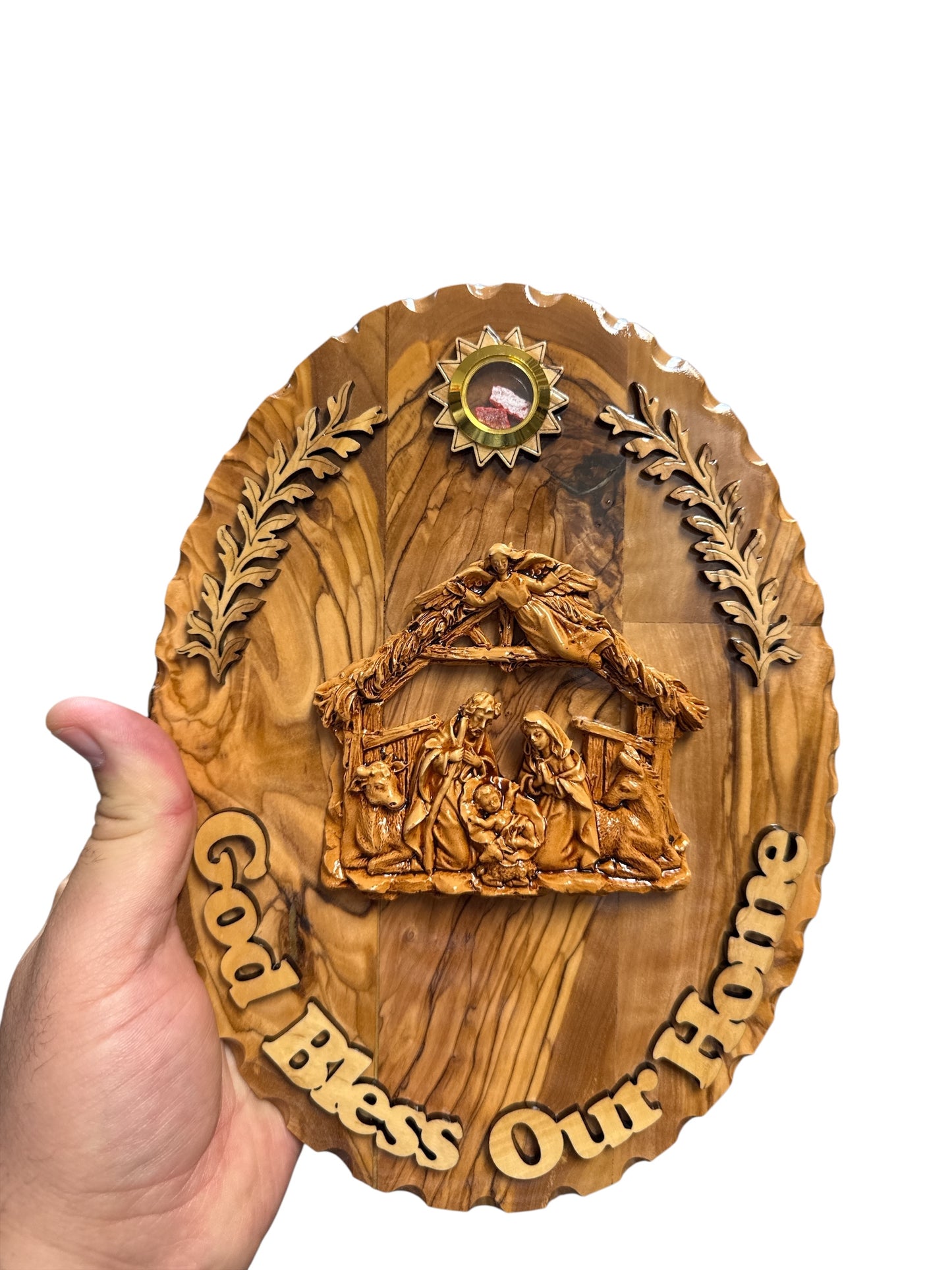 God Bless Our Home – Oval Olive Wood Nativity Plaque