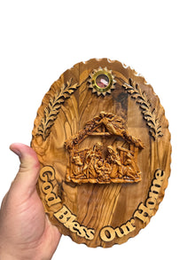 God Bless Our Home – Oval Olive Wood Nativity Plaque