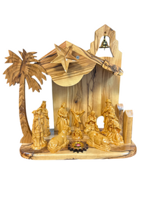 Deluxe Olive Wood Nativity with Bell Tower & Incense – Hand-Carved in Bethlehem