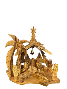 Hand-Carved Olive Wood Nativity Scene with Bell – Made in Bethlehem