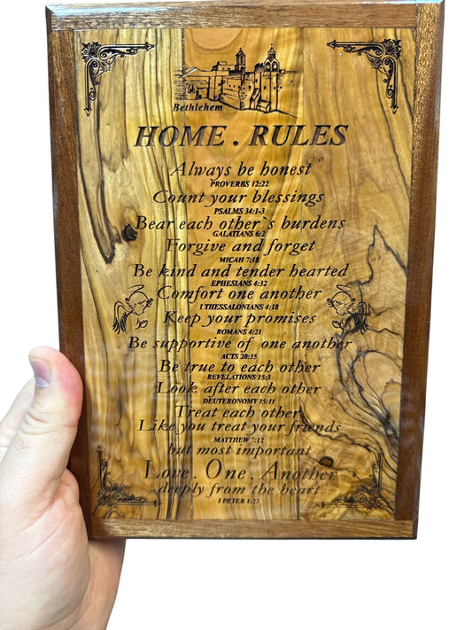 Home Rules – Hand-Carved Olive Wood Scripture Plaque