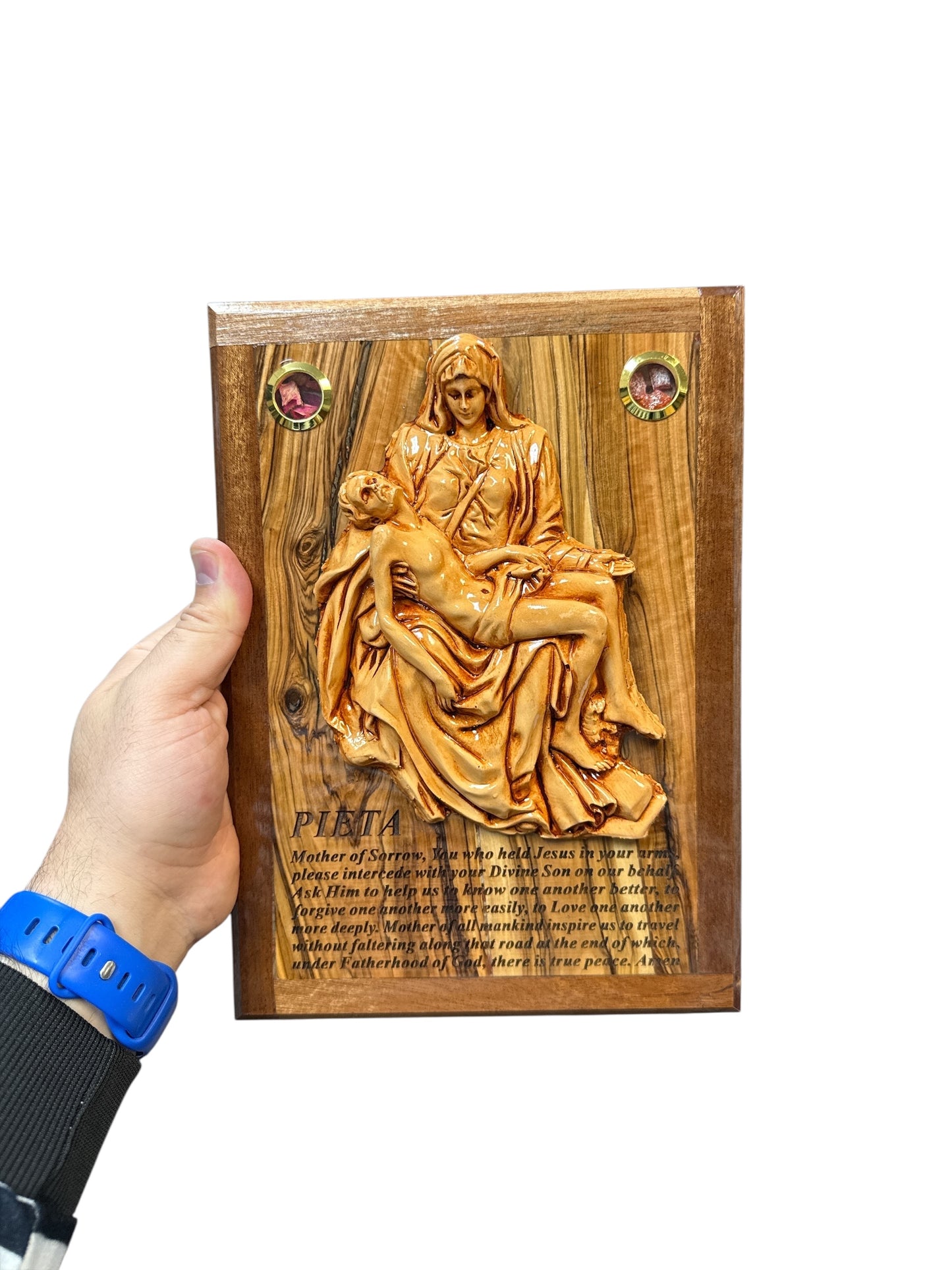 Pietà – Olive Wood Plaque with Prayer, Incense & Holy Land Stones