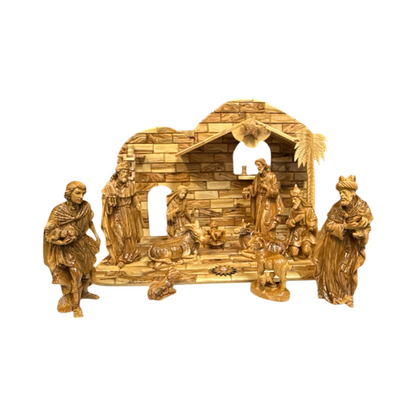 Deluxe Olive Wood Nativity with Realistic Figures, Music Box & Incense – Hand-Carved in Bethlehem