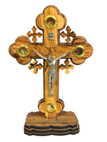 Olive Wood Standing Crucifix with Relic Capsules – From Jerusalem