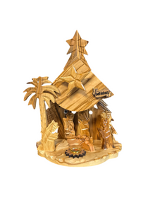Tall Olive Wood Nativity with Music Box, Incense & Bethlehem Star – Hand-Carved in the Holy Land
