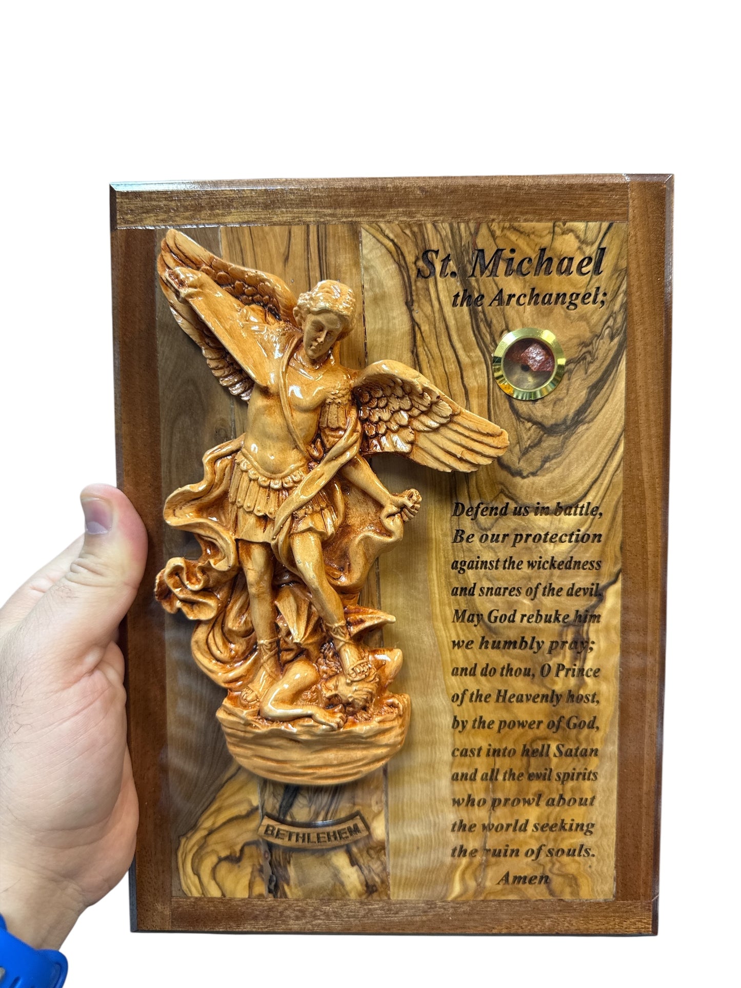 St. Michael the Archangel – Olive Wood Plaque with Prayer & Incense