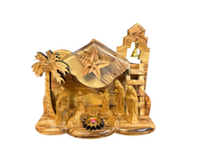 Olive Wood Nativity with Music Box, Bell Tower & Incense – Handmade in Bethlehem