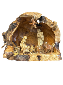 Olive Wood Bark Cave Nativity – Hand-Carved in Bethlehem