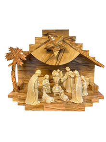 Large Olive Wood Nativity with Whitewashed Figures & Music Box – Hand-Carved in Bethlehem