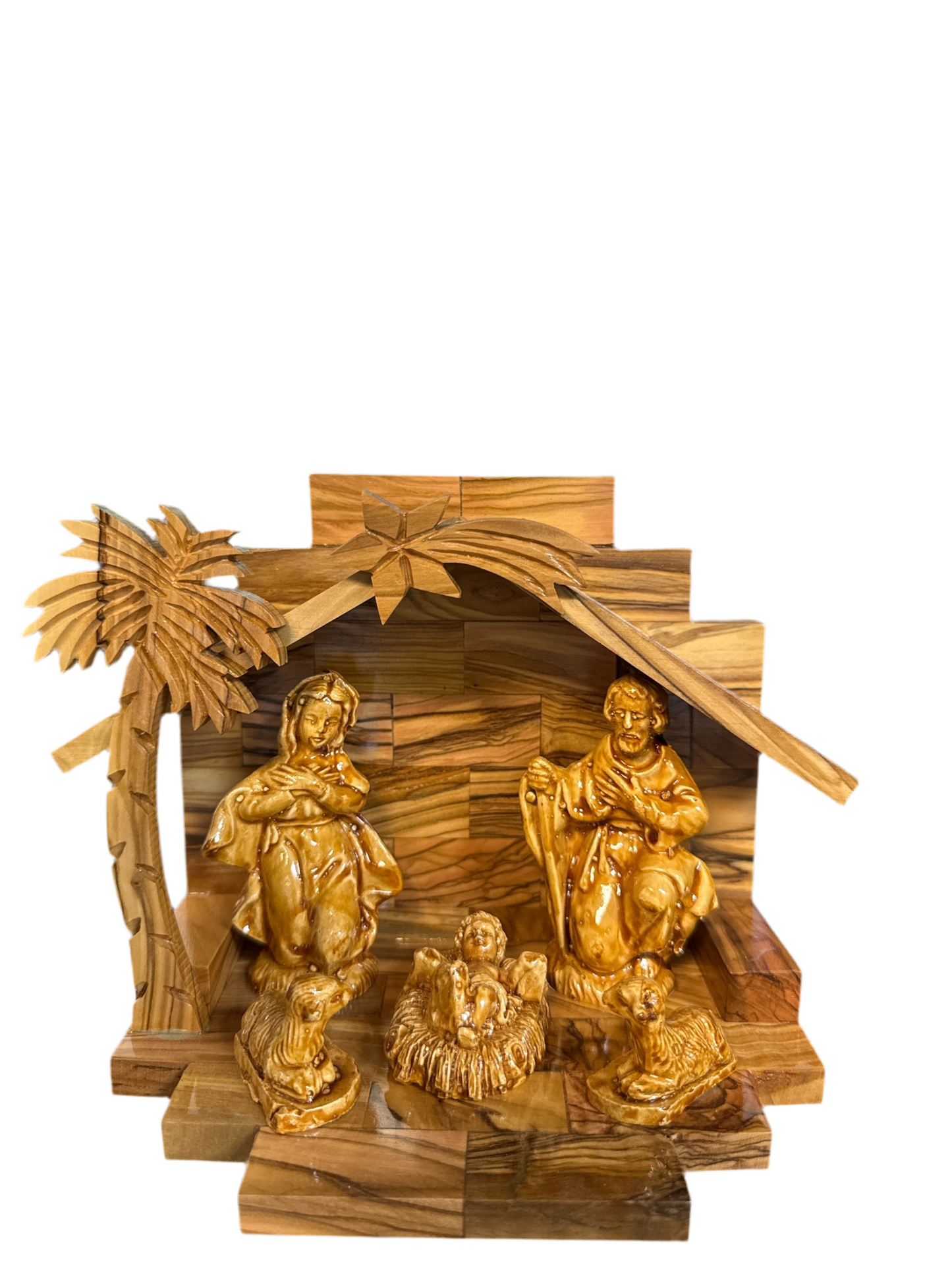 Polished Olive Wood Nativity with Sculpted Figures – Made in Bethlehem