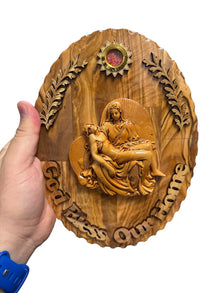 God Bless Our Home – Pietà Olive Wood Oval Plaque with Incense