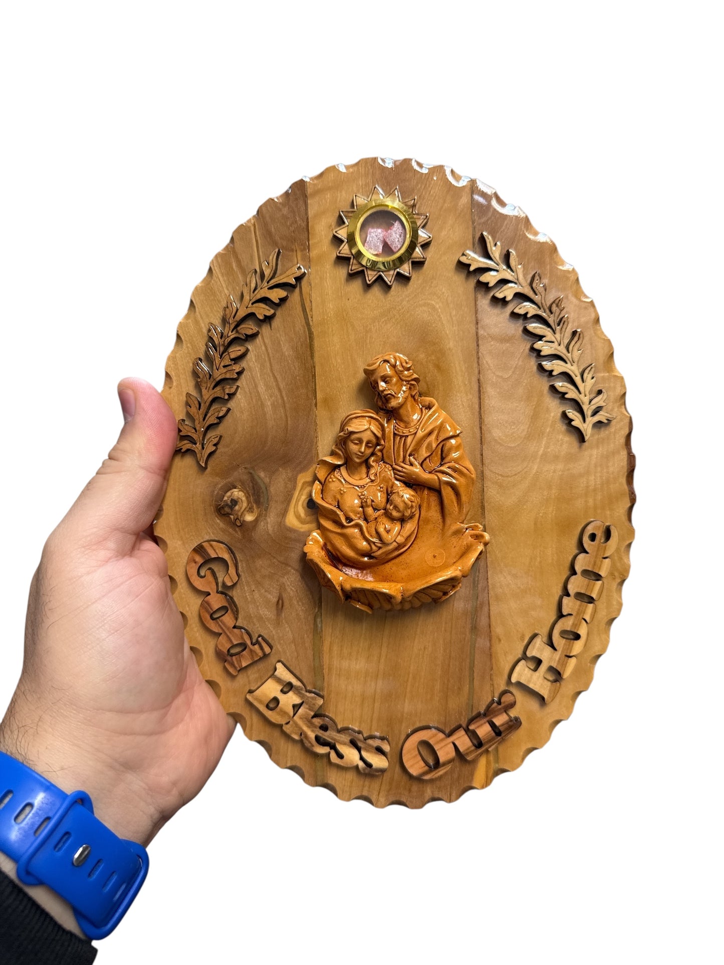 God Bless Our Home – Holy Family Oval Olive Wood Plaque