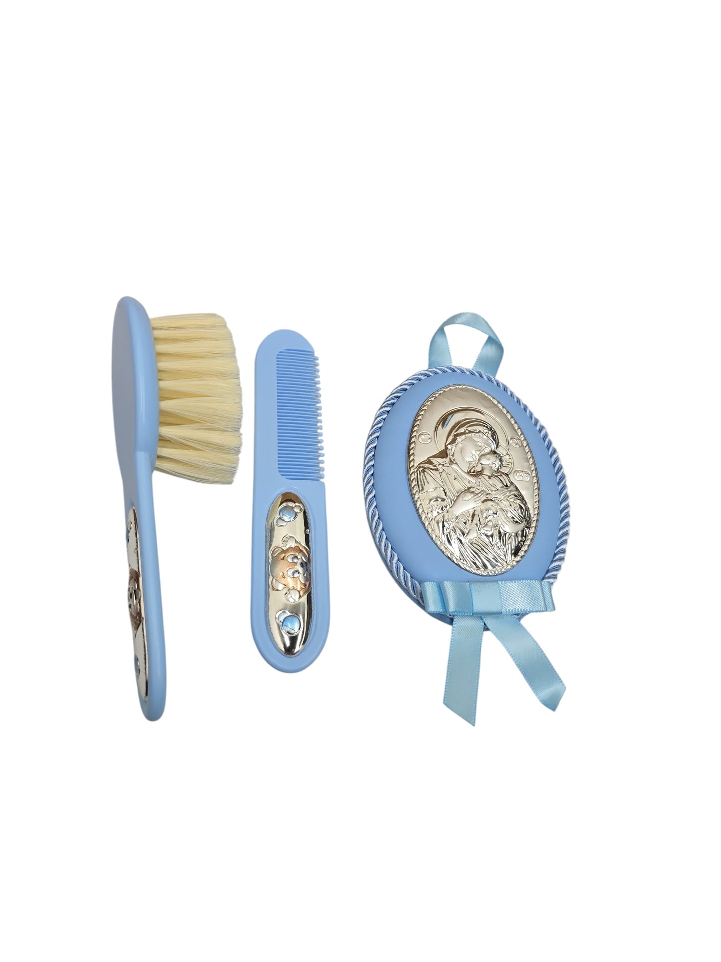 Musical Baptism Baby Set – Brush, Comb & Silver Plated Virgin Mary Icon (Blue & Pink)