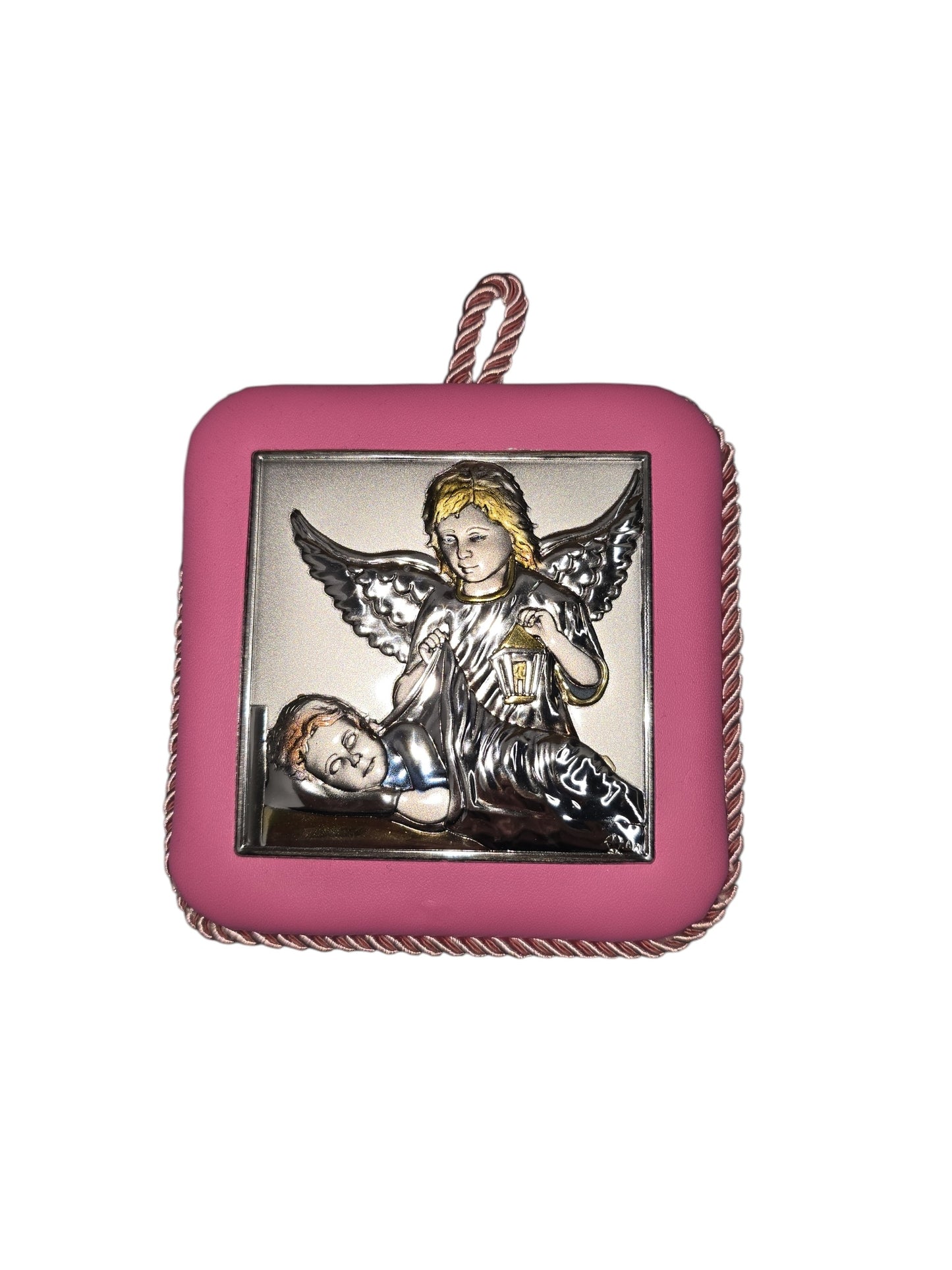 Musical Baptism Guardian Angel Icon – Silver Plated Cradle Hanging (Blue & Pink)