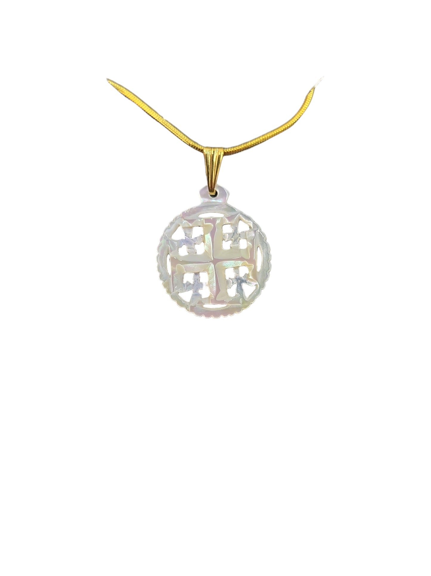 Mother of Pearl Jerusalem Cross Disc Necklace