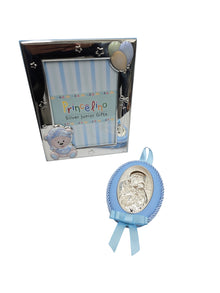 Musical Baptism Gift Set – Silver Plated Frame & Virgin Mary Icon (Blue)