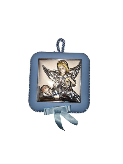 Musical Baptism Guardian Angel Icon – Silver Plated Cradle Hanging (Blue & Pink)