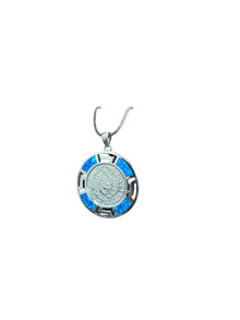 Silver Plated Blue Opal Engraved Medallion Necklace