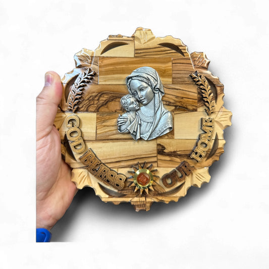 Hand Carved Olive Wood God Bless Our Home Wall Plaque with Madonna and Child