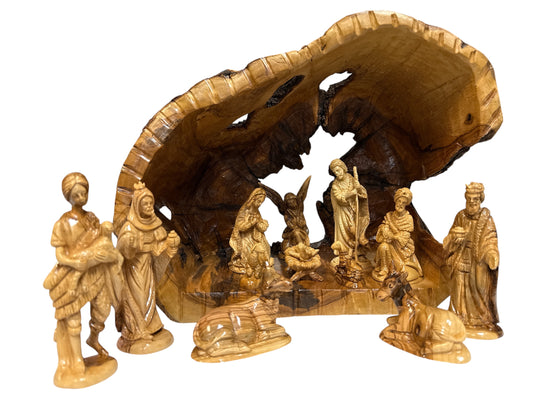 Premium Olive Wood Nativity with Natural Bark Cave – Hand-Carved in Bethlehem