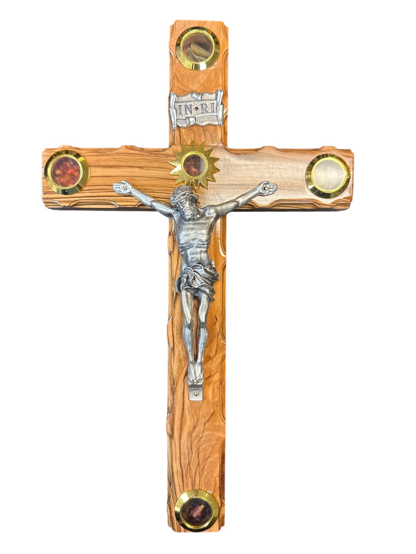 Olive Wood Wall Crucifix with Jerusalem Relics – Handcrafted in the Holy Land