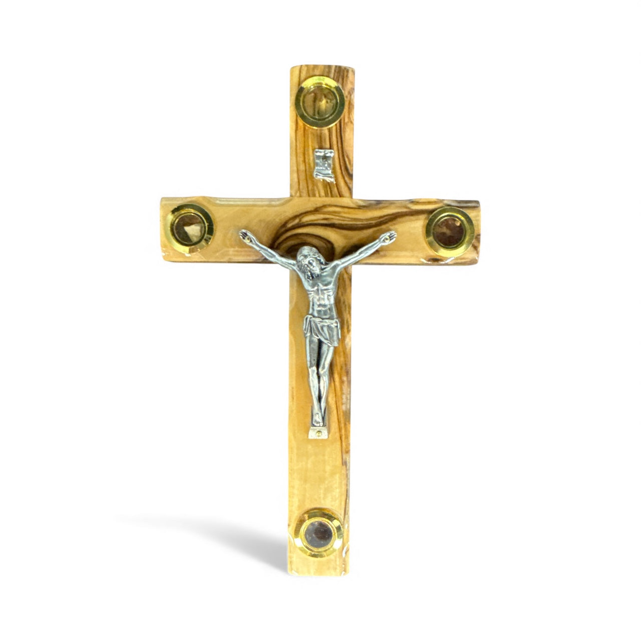 Olive Wood Wall Crucifix with Jerusalem Relics – Handcrafted in Bethlehem