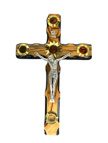 Olive Wood Crucifix with Jerusalem Relics &amp; Black Edges – Wall Cross