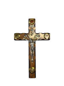 Hand-Carved Olive Wood Crucifix with Jerusalem Relics & Abalone Shell Inlay