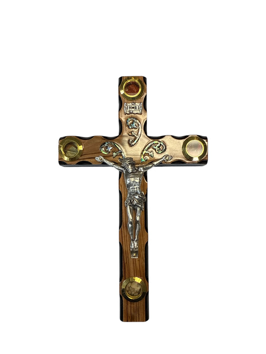 Hand-Carved Olive Wood Crucifix with Jerusalem Relics & Abalone Shell Inlay