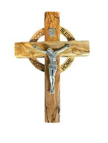 Olive Wood Crucifix with “God Bless Our Home” Inscription