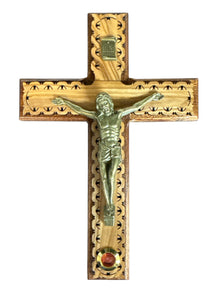 Hand-Carved Olive Wood Crucifix with Jerusalem Relic Capsule