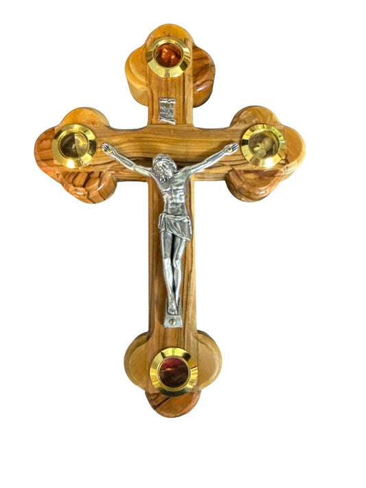 Olive Wood Wall Roman Crucifix with Holy Land Relics – Rounded Design