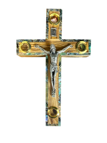 Olive Wood Abalone Inlay Wall Crucifix with Holy Land Relics