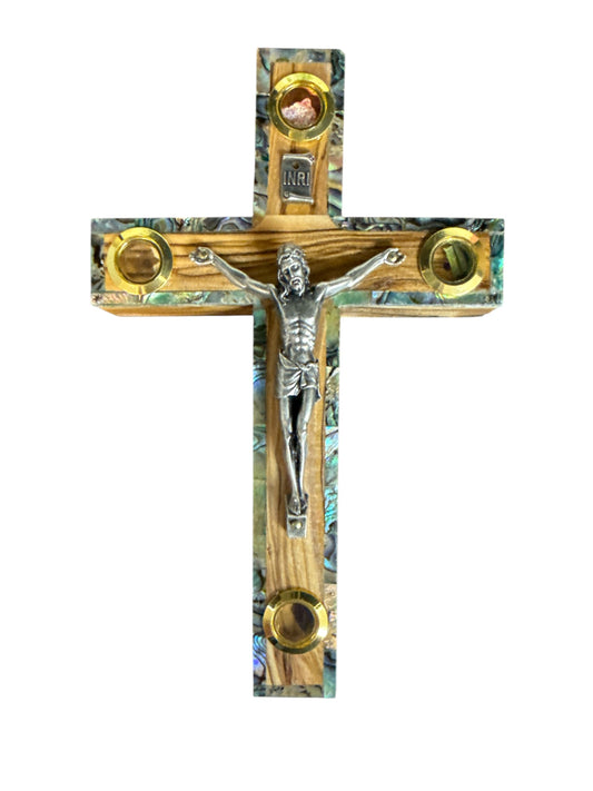 Olive Wood Abalone Inlay Wall Crucifix with Holy Land Relics