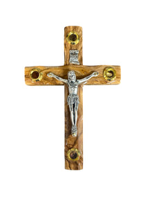 Hand-Carved Olive Wood Wall Crucifix with Relics from the Holy Land