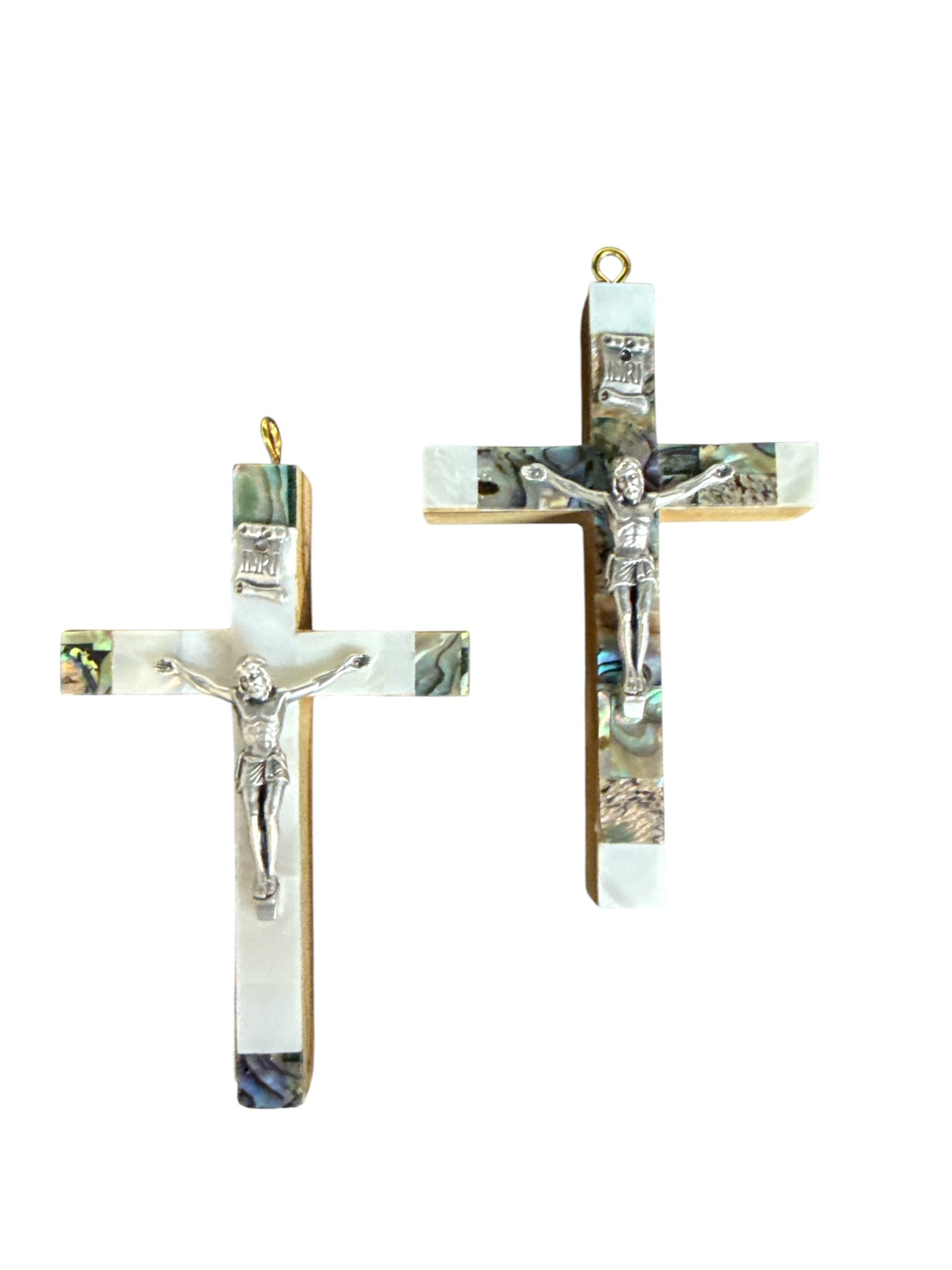 Handcrafted Crucifix with Mother of Pearl & Abalone Shell – Bethlehem Olive Wood