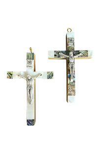 Handcrafted Crucifix with Mother of Pearl & Abalone Shell – Bethlehem Olive Wood