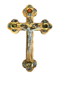 Olive Wood Wall Crucifix with Abalone Inlay, Relics & Silver Corpus – Made in Bethlehem