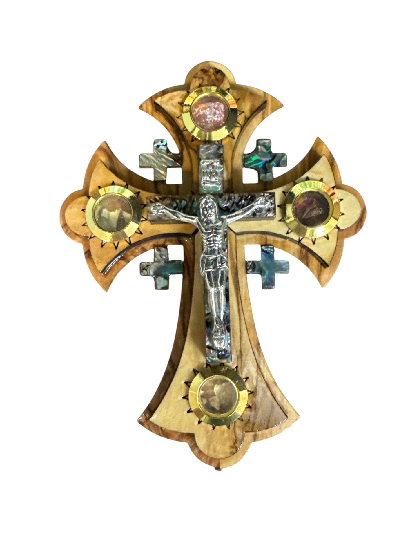 Jerusalem Wall Crucifix with Abalone Inlay & Holy Land Relics