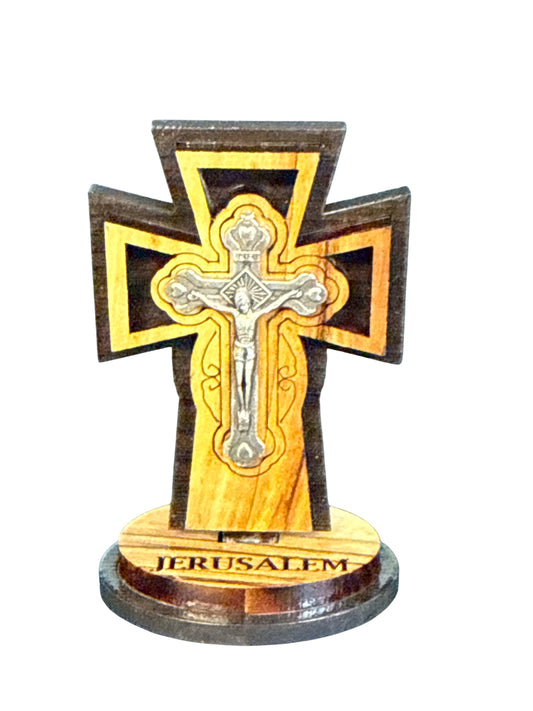 3" Standing Olive Wood Crucifix – Jerusalem Engraved Base