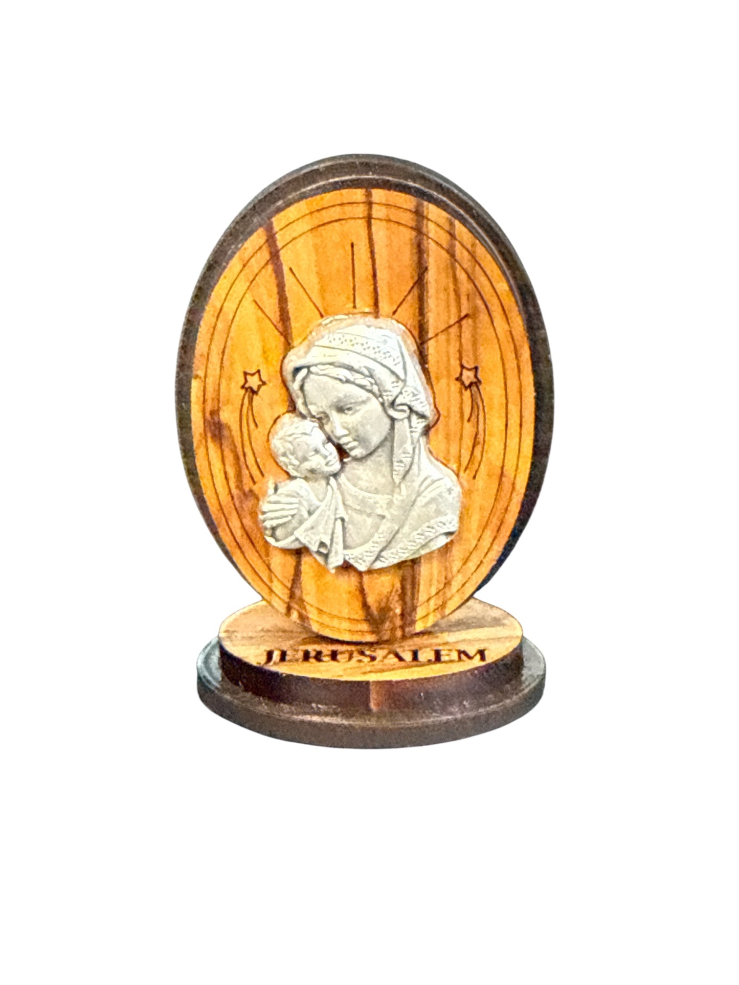 3" Olive Wood Madonna & Child Plaque on Stand – Handcrafted in Bethlehem