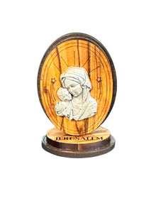 3" Olive Wood Madonna & Child Plaque on Stand – Handcrafted in Bethlehem