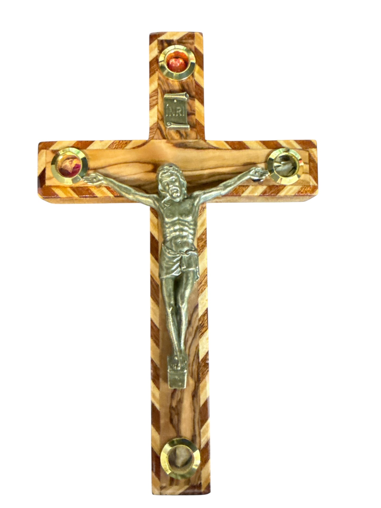 8" Olive Wood Crucifix with Mosaic Inlay and Relics from the Holy Land