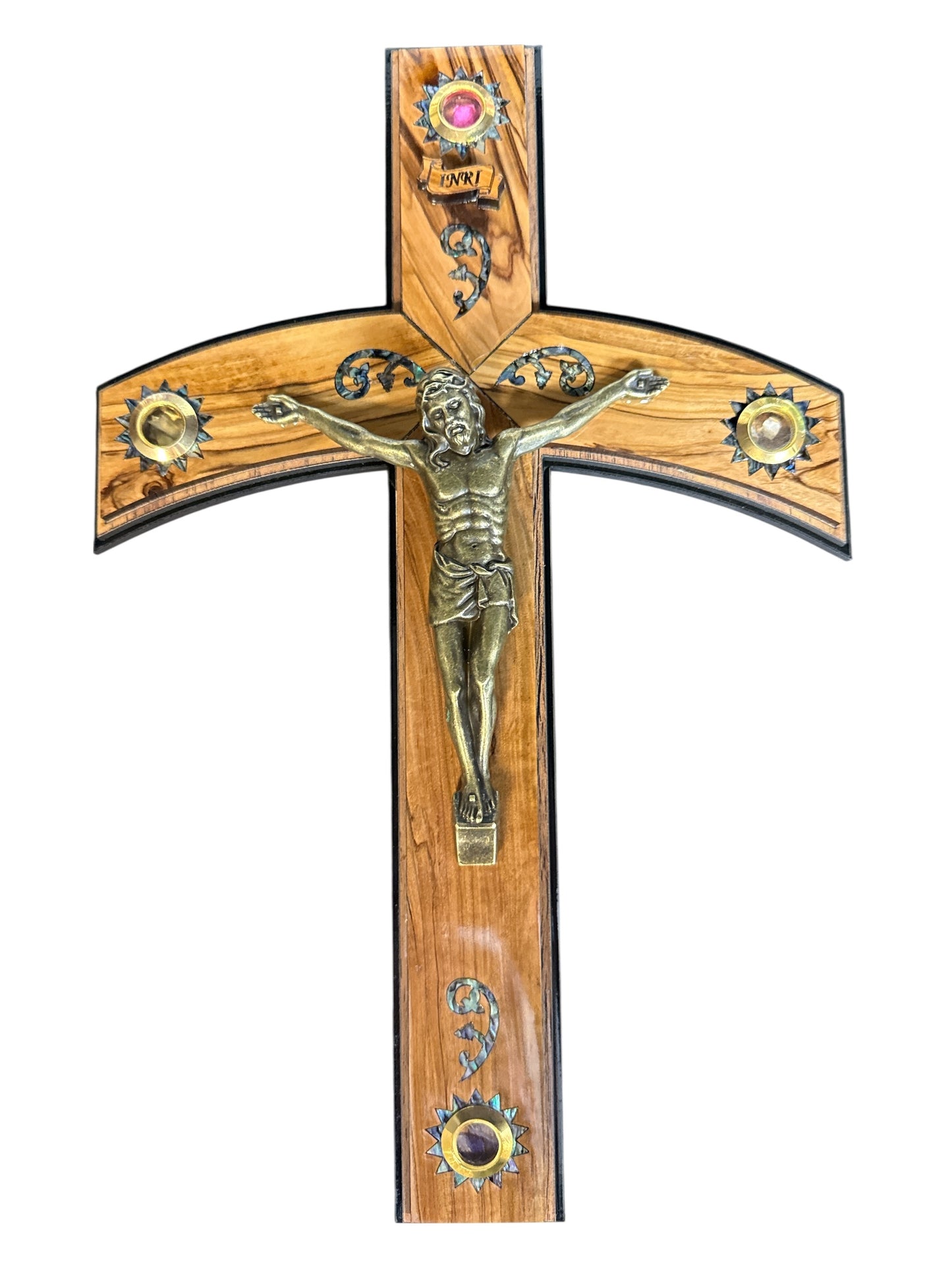 14" Olive Wood Crucifix with Curved Crossbar and Holy Land Relics