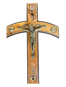 14" Olive Wood Crucifix with Curved Crossbar and Holy Land Relics