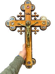 22" Large Olive Wood Crucifix with Abalone Inlay and Holy Land Relics