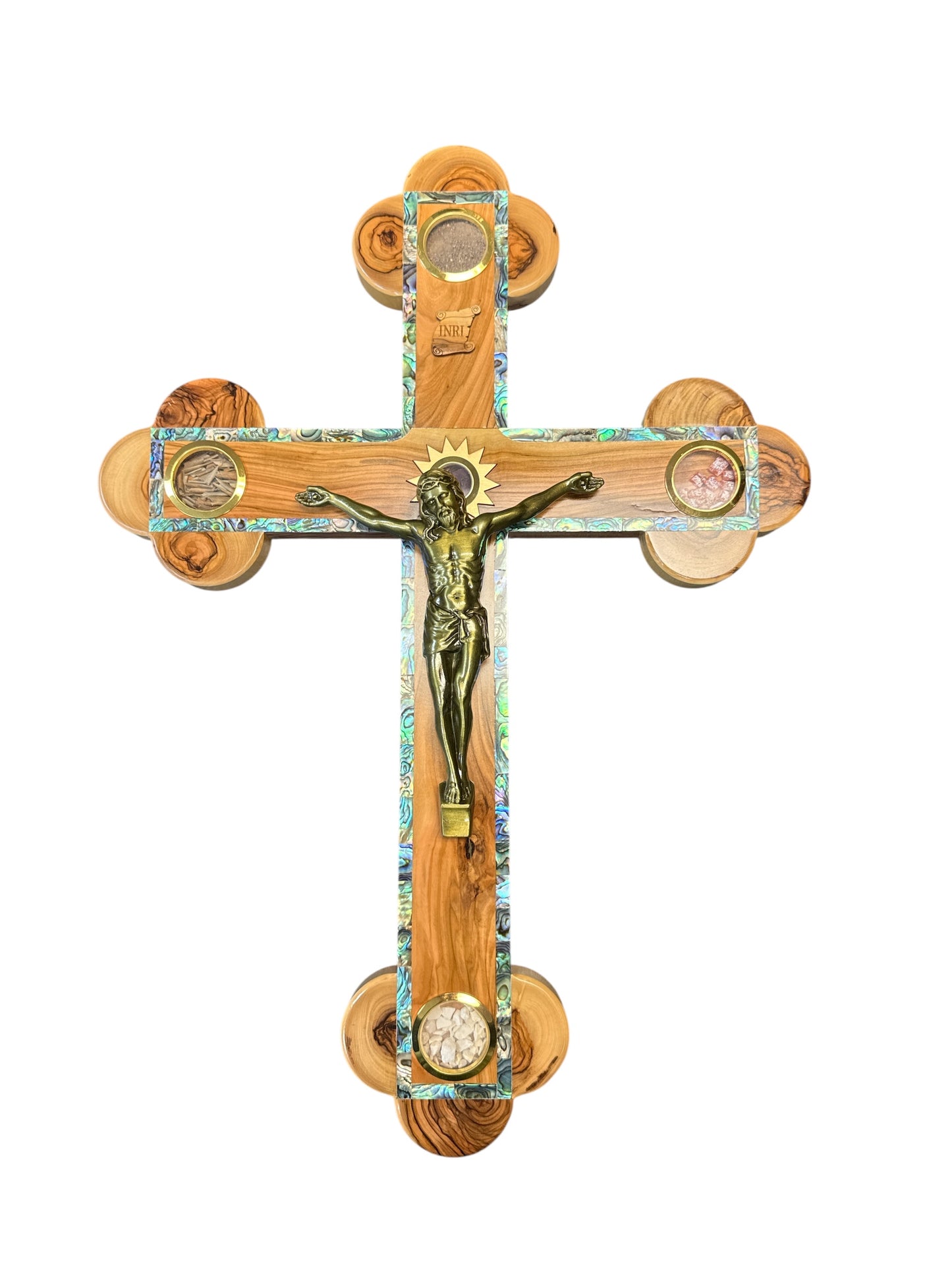 23" Olive Wood Crucifix with Abalone Inlay and Holy Land Relics