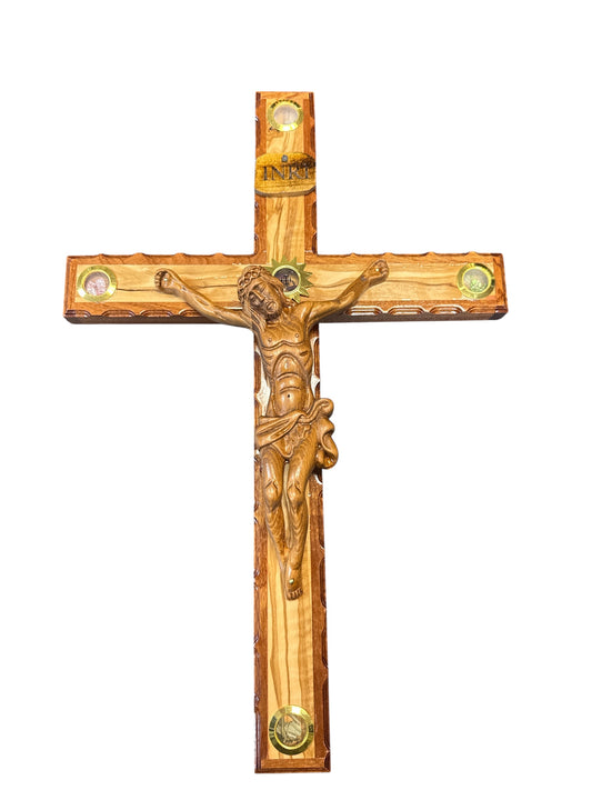 20.5" Hand-Carved Olive Wood Crucifix with Relics from the Holy Land