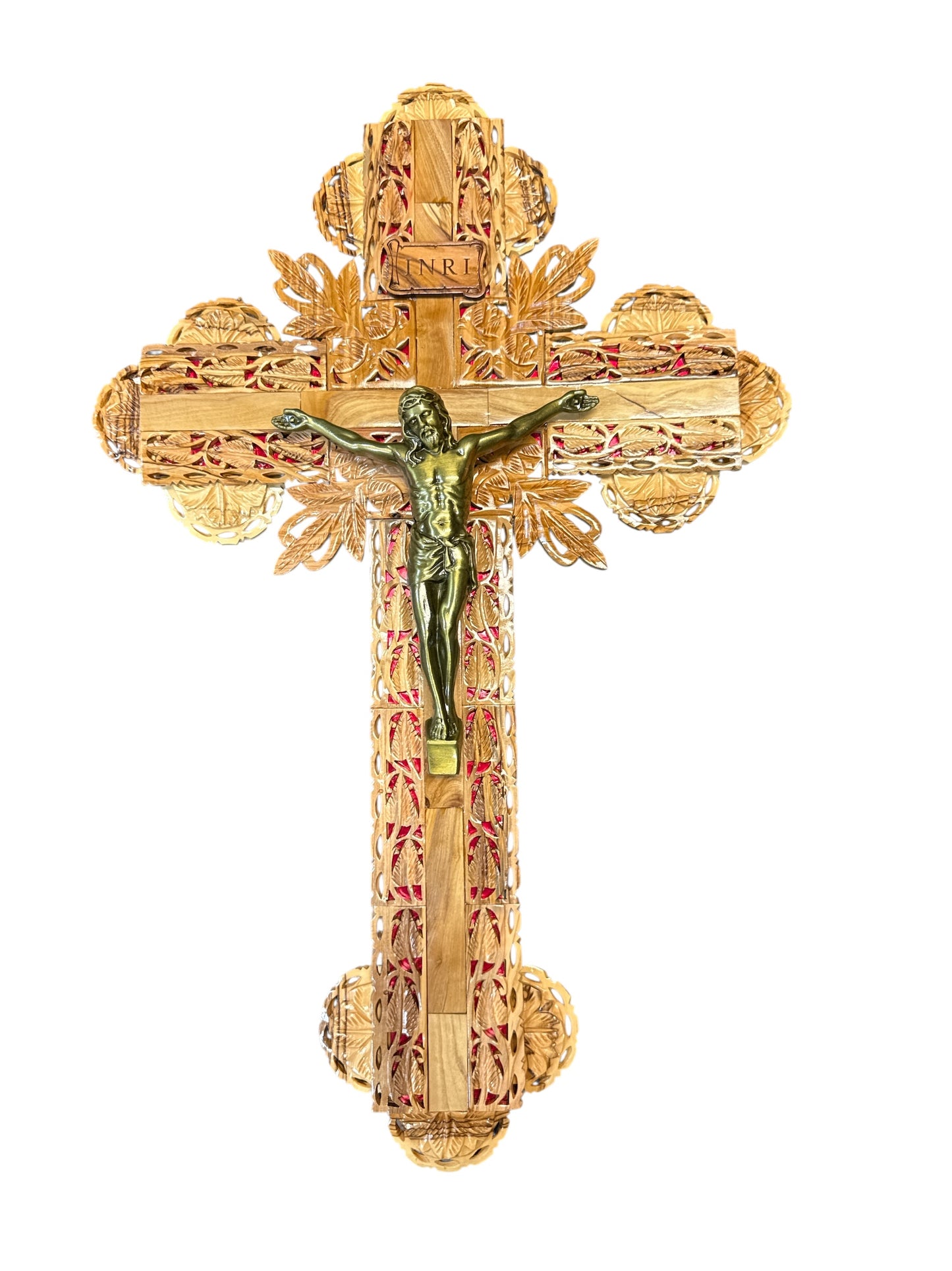 23" Hand-Carved Olive Wood Crucifix with Ornate Leaves and Brass Corpus