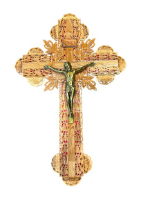 23" Hand-Carved Olive Wood Crucifix with Ornate Leaves and Brass Corpus